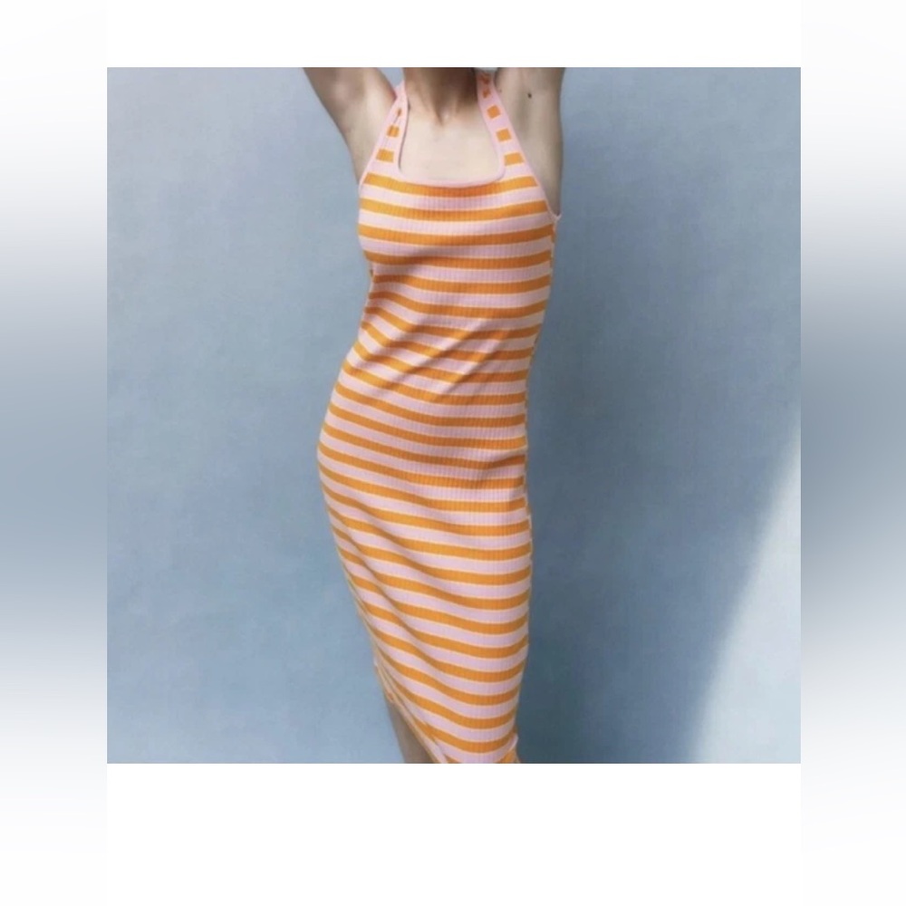 Zara Women's Sz Medium Orange Pink Striped Sleeveless Knit Dress